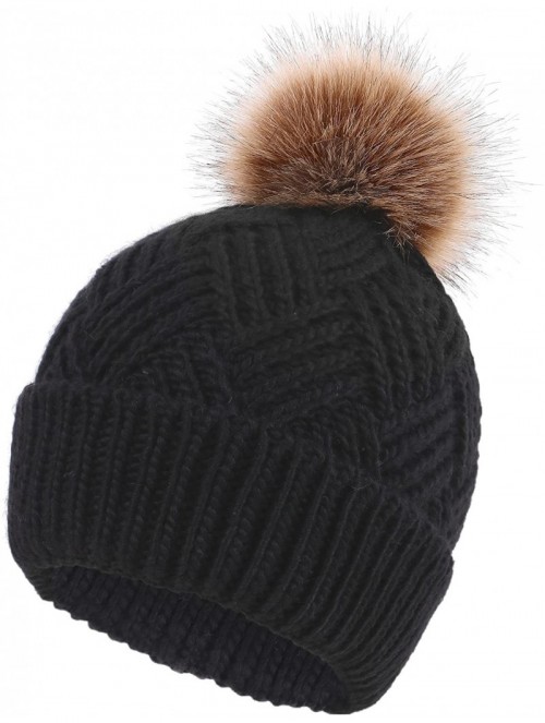 Skullies & Beanies Diamond Weave Knit Beanie with Faux Fur Pompom - Black - CO185LW4LT2 $13.30