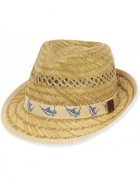 Fedoras Men's Rush Straw Fedora Hat with Marlin Embroidered Ribbon Hatband - Khaki - CA18NCINIK7 $31.50