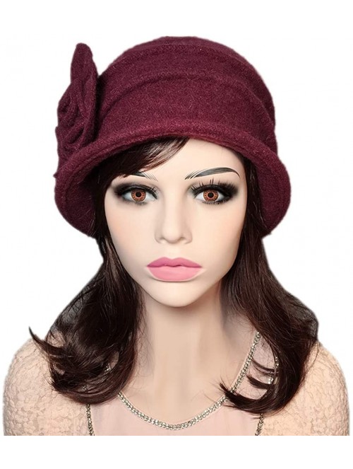 Bucket Hats Flower 100% Wool Dome Bucket Hat Winter Cloche Hat Fedoras Derby Hat - D-wine Red - C218HEHWM5Y $17.25