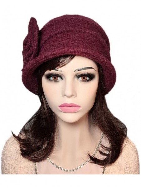 Bucket Hats Flower 100% Wool Dome Bucket Hat Winter Cloche Hat Fedoras Derby Hat - D-wine Red - C218HEHWM5Y $17.25