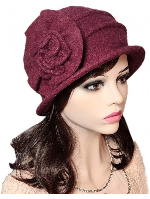 Bucket Hats Flower 100% Wool Dome Bucket Hat Winter Cloche Hat Fedoras Derby Hat - D-wine Red - C218HEHWM5Y $17.25