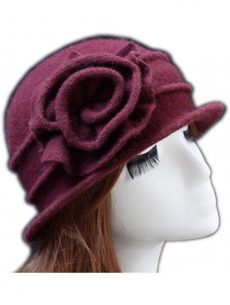 Bucket Hats Flower 100% Wool Dome Bucket Hat Winter Cloche Hat Fedoras Derby Hat - D-wine Red - C218HEHWM5Y $17.25