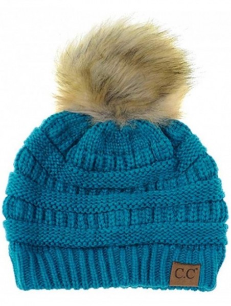 Skullies & Beanies Soft Warm Cable Knit Faux Fur Pom Pom Winter Skull Cap - Teal - CB18Y4CS9Z2 $18.92