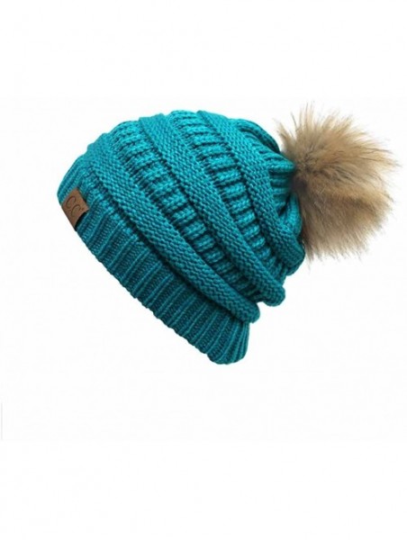 Skullies & Beanies Soft Warm Cable Knit Faux Fur Pom Pom Winter Skull Cap - Teal - CB18Y4CS9Z2 $18.92