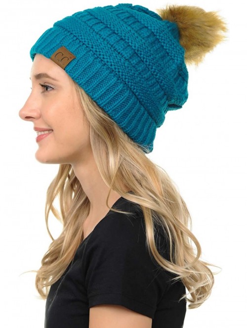 Skullies & Beanies Soft Warm Cable Knit Faux Fur Pom Pom Winter Skull Cap - Teal - CB18Y4CS9Z2 $18.92