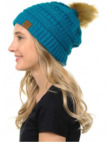 Skullies & Beanies Soft Warm Cable Knit Faux Fur Pom Pom Winter Skull Cap - Teal - CB18Y4CS9Z2 $18.92