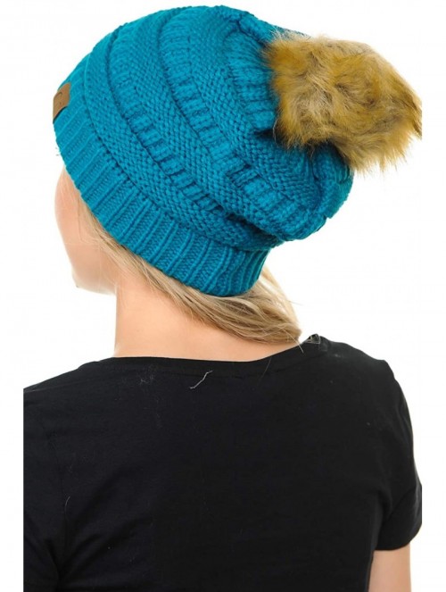 Skullies & Beanies Soft Warm Cable Knit Faux Fur Pom Pom Winter Skull Cap - Teal - CB18Y4CS9Z2 $18.92