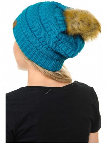 Skullies & Beanies Soft Warm Cable Knit Faux Fur Pom Pom Winter Skull Cap - Teal - CB18Y4CS9Z2 $18.92