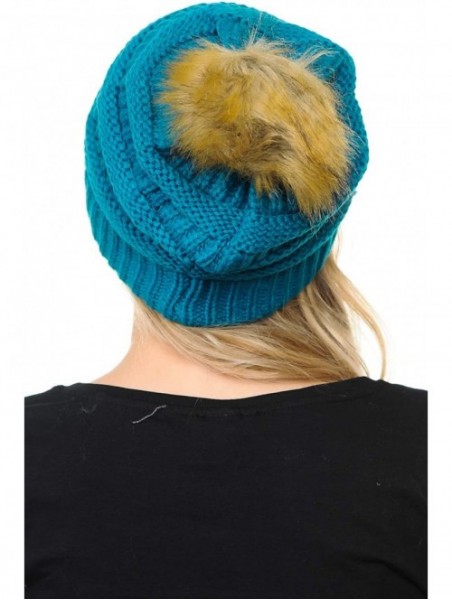 Skullies & Beanies Soft Warm Cable Knit Faux Fur Pom Pom Winter Skull Cap - Teal - CB18Y4CS9Z2 $18.92