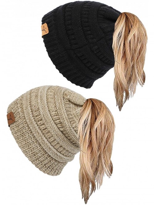 Skullies & Beanies Ponytail Messy Bun Beanie Tail Knit Hole Soft Stretch Cable Winter Hat for Women - CY18WADUO90 $33.31