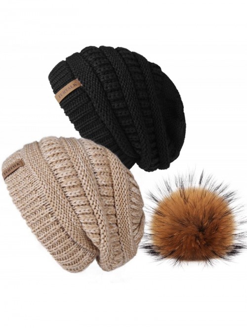 Skullies & Beanies Winter Hats Beanie for Women Lined Slouchy Knit Skiing Cap Real Fur Pom Pom Hat for Girls - CL18US5MIED $3...