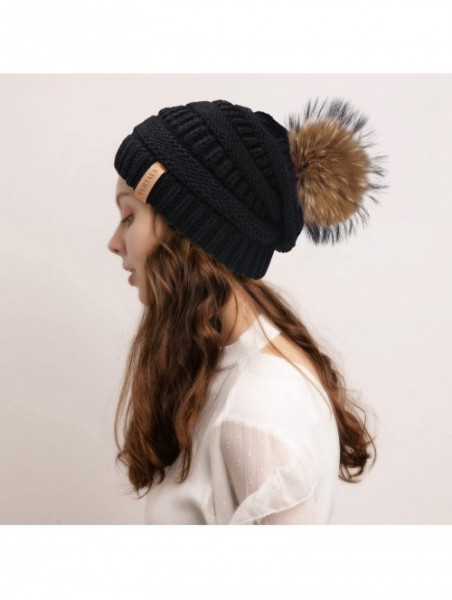 Skullies & Beanies Winter Hats Beanie for Women Lined Slouchy Knit Skiing Cap Real Fur Pom Pom Hat for Girls - CL18US5MIED $3...