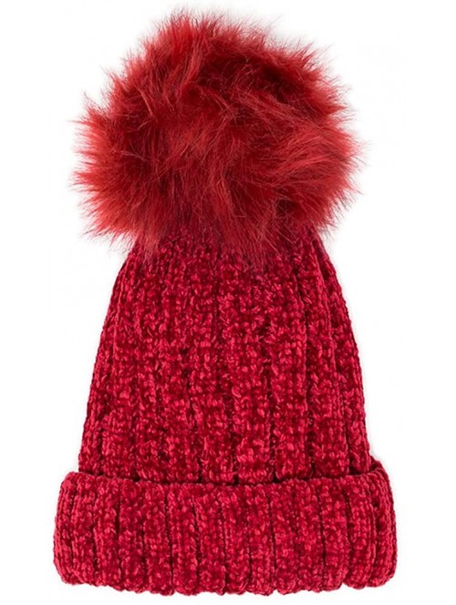 Skullies & Beanies Warm Fleece Lined Cable Knitted Faux Fur Pompom Beanie Hat - Soft Chunky Beanies for Women - Red - C818IQC...