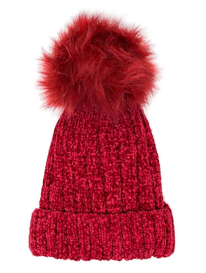 Skullies & Beanies Warm Fleece Lined Cable Knitted Faux Fur Pompom Beanie Hat - Soft Chunky Beanies for Women - Red - C818IQC...