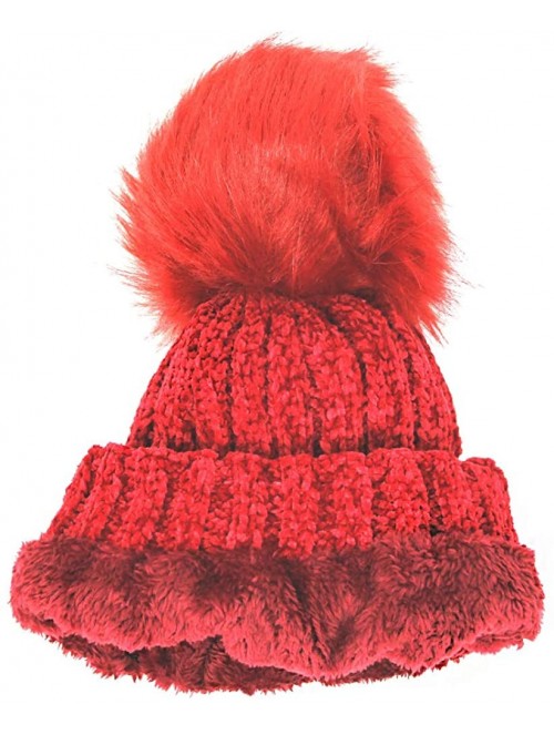 Skullies & Beanies Warm Fleece Lined Cable Knitted Faux Fur Pompom Beanie Hat - Soft Chunky Beanies for Women - Red - C818IQC...