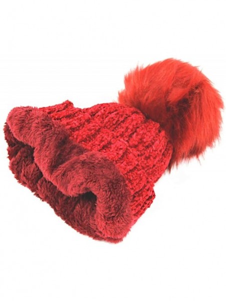 Skullies & Beanies Warm Fleece Lined Cable Knitted Faux Fur Pompom Beanie Hat - Soft Chunky Beanies for Women - Red - C818IQC...