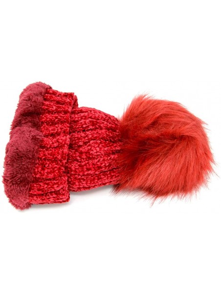 Skullies & Beanies Warm Fleece Lined Cable Knitted Faux Fur Pompom Beanie Hat - Soft Chunky Beanies for Women - Red - C818IQC...