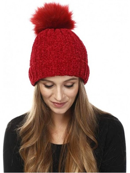 Skullies & Beanies Warm Fleece Lined Cable Knitted Faux Fur Pompom Beanie Hat - Soft Chunky Beanies for Women - Red - C818IQC...