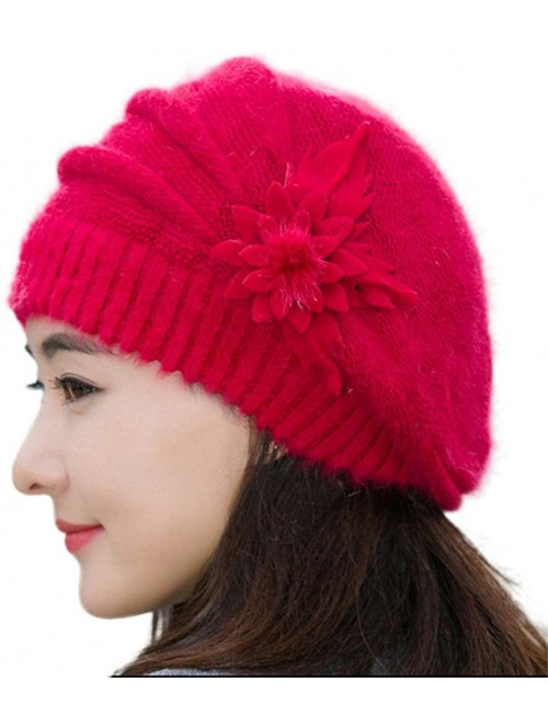 Berets Winter Beret Cap Womens Flower Knit Crochet Beanie Hat Winter Warm Cap - Red - CP12OCSHCFX $16.98