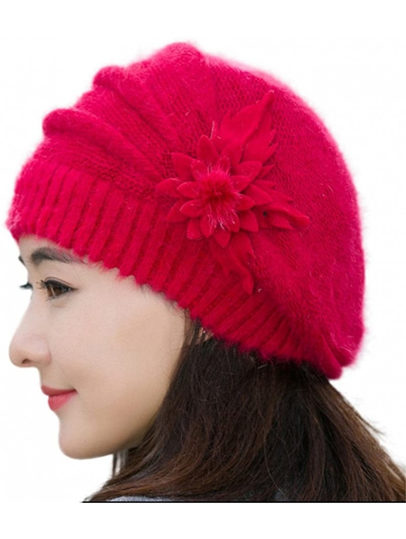 Berets Winter Beret Cap Womens Flower Knit Crochet Beanie Hat Winter Warm Cap - Red - CP12OCSHCFX $16.98