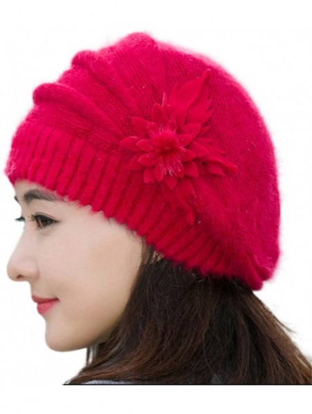 Berets Winter Beret Cap Womens Flower Knit Crochet Beanie Hat Winter Warm Cap - Red - CP12OCSHCFX $16.98