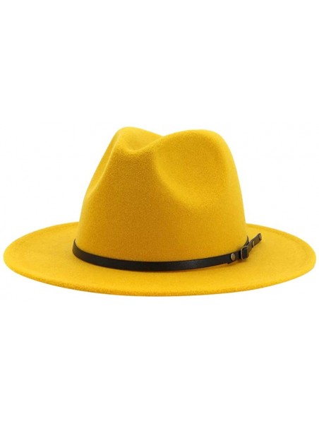 Fedoras Women's Vintage Fedora Hat Lady Retro Wide Brim Hat with Belt Buckle Unisex Classic Cotton Panama Hat - Yellow - C319...