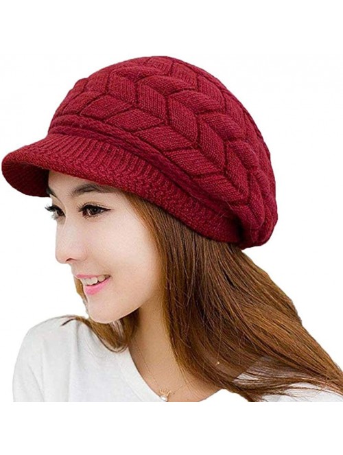 Skullies & Beanies Womens Winter Warm Knitted Hats Slouchy Wool Beanie Hat Cap with Visor - Wine Red - C918NGTN8UX $10.64