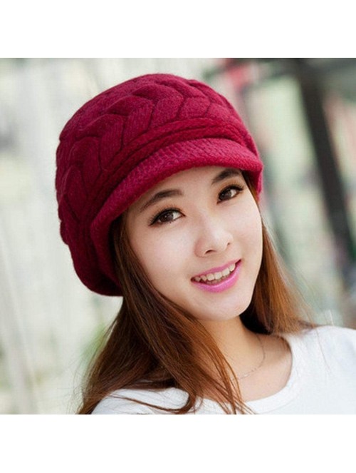 Skullies & Beanies Womens Winter Warm Knitted Hats Slouchy Wool Beanie Hat Cap with Visor - Wine Red - C918NGTN8UX $10.64