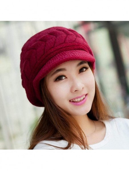 Skullies & Beanies Womens Winter Warm Knitted Hats Slouchy Wool Beanie Hat Cap with Visor - Wine Red - C918NGTN8UX $10.64