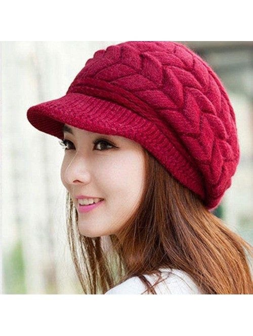 Skullies & Beanies Womens Winter Warm Knitted Hats Slouchy Wool Beanie Hat Cap with Visor - Wine Red - C918NGTN8UX $10.64