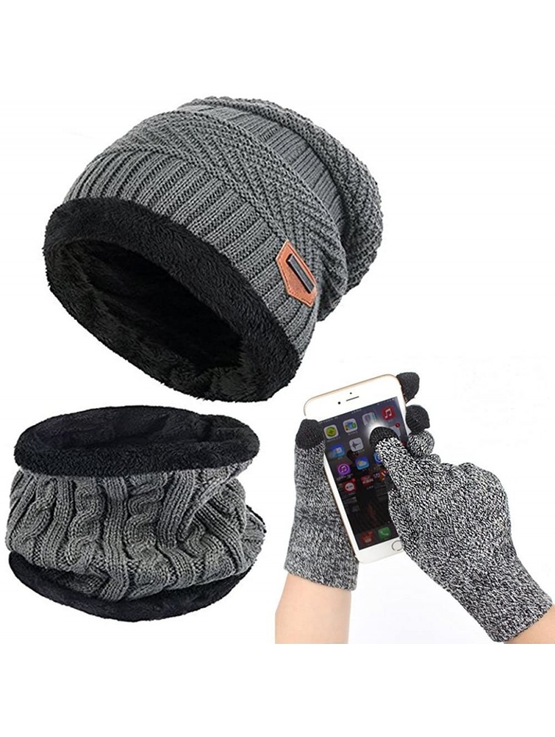 Skullies & Beanies Winter Beanie Hat Scarf Set Warm Knit Hat Thick Knit Skull Cap Touch Screen Glove Unisex - Gray - CV18890G...