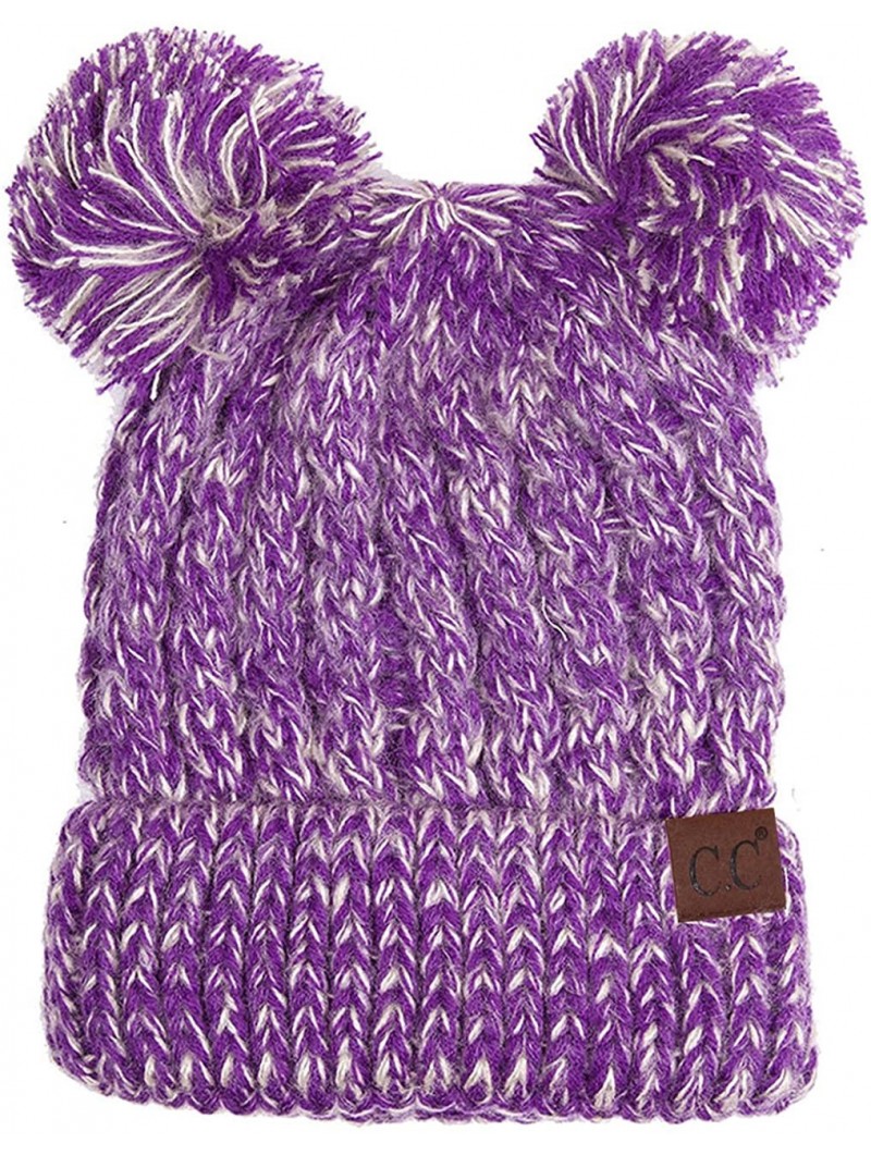 Skullies & Beanies Women Ribbed Knitted Double Pom Pom Beanie Hat - 2 Tone Purple - C518753W37R $20.85