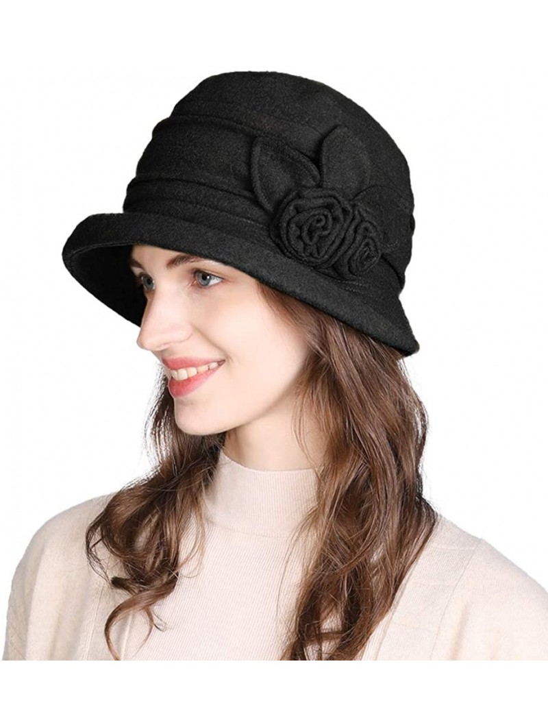 Bucket Hats Cloche Round Hat for Women 1920s Fedora Bucket Vintage Hat Flower Accent - 16076_black - CL12M68T5YR $32.91