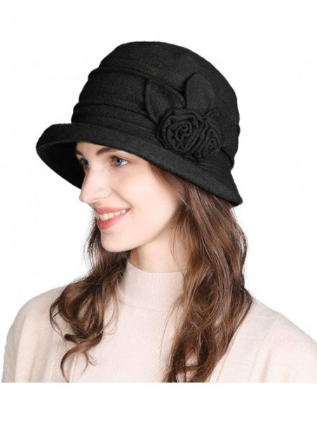 Bucket Hats Cloche Round Hat for Women 1920s Fedora Bucket Vintage Hat Flower Accent - 16076_black - CL12M68T5YR $32.91