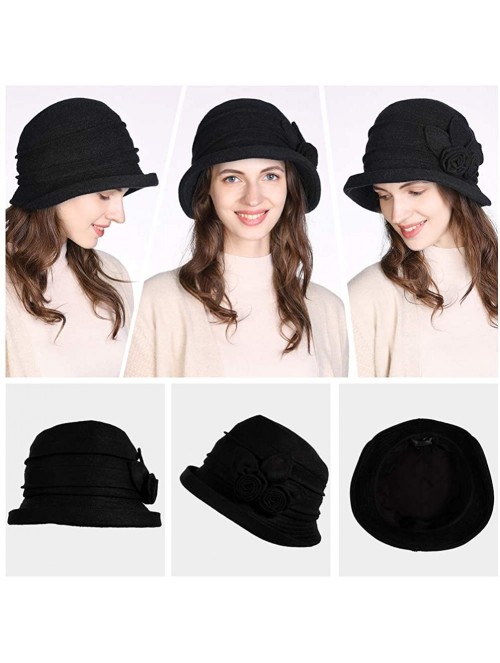 Bucket Hats Cloche Round Hat for Women 1920s Fedora Bucket Vintage Hat Flower Accent - 16076_black - CL12M68T5YR $32.91