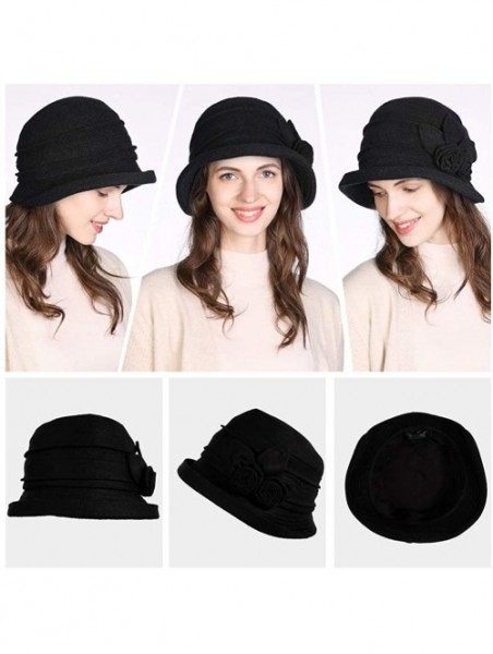 Bucket Hats Cloche Round Hat for Women 1920s Fedora Bucket Vintage Hat Flower Accent - 16076_black - CL12M68T5YR $32.91