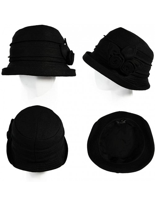 Bucket Hats Cloche Round Hat for Women 1920s Fedora Bucket Vintage Hat Flower Accent - 16076_black - CL12M68T5YR $32.91