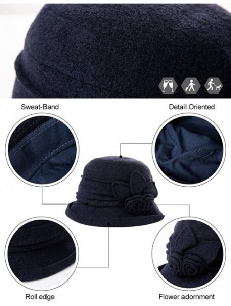 Bucket Hats Cloche Round Hat for Women 1920s Fedora Bucket Vintage Hat Flower Accent - 16076_black - CL12M68T5YR $32.91