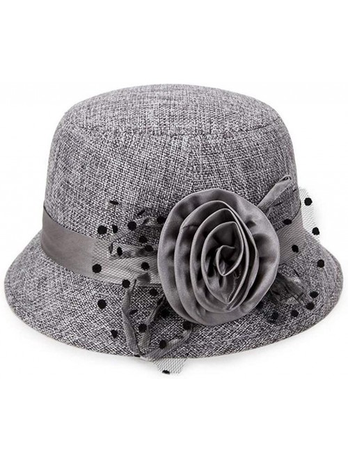 Fedoras Women's Retro Ribbon Flower Bow Solid Color Fedora Bowler Hat Caps - Gray - CM19233MWYE $9.84