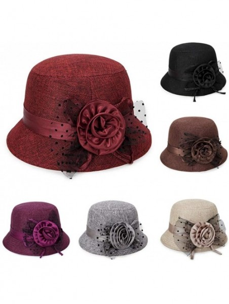 Fedoras Women's Retro Ribbon Flower Bow Solid Color Fedora Bowler Hat Caps - Gray - CM19233MWYE $9.84