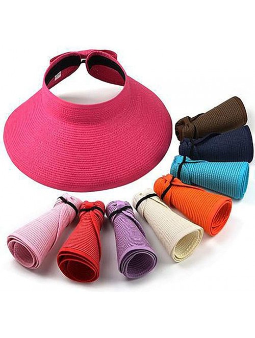 Sun Hats Women's Summer Foldable Straw Sun Visor w/Cute Bowtie UPF 50+ Packable Wide Brim Roll-Up Visor Beach Hat - CT18OWEI2...