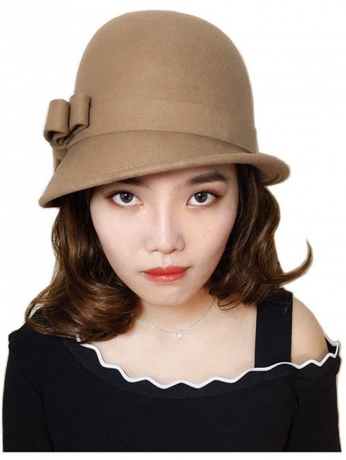 Bucket Hats Womens 100% Wool Contrast Color Bowknot Bucket Hat Cloche Hat Winter Hat - C-light Tan - CD18I88UMME $26.14