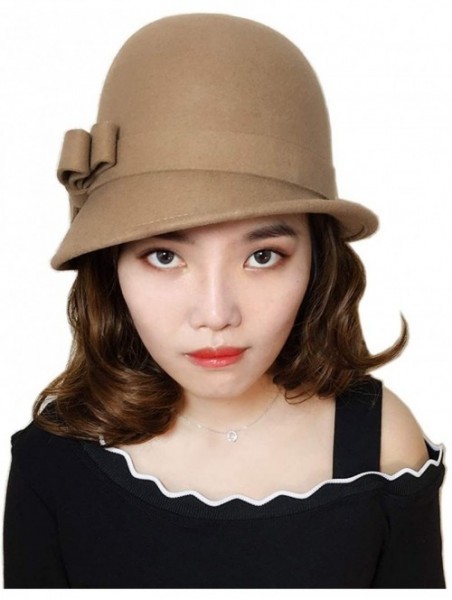 Bucket Hats Womens 100% Wool Contrast Color Bowknot Bucket Hat Cloche Hat Winter Hat - C-light Tan - CD18I88UMME $26.14