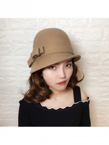 Bucket Hats Womens 100% Wool Contrast Color Bowknot Bucket Hat Cloche Hat Winter Hat - C-light Tan - CD18I88UMME $26.14