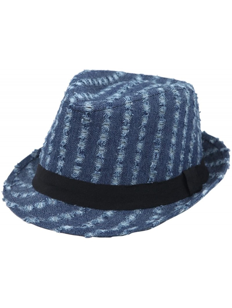 Fedoras Premium Distressed Jeans Fabric Black Band Fedora Hat- Blue - C318GQE9G6W $15.65