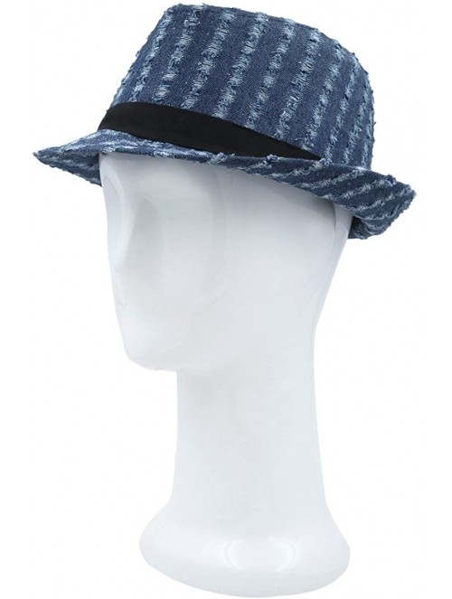 Fedoras Premium Distressed Jeans Fabric Black Band Fedora Hat- Blue - C318GQE9G6W $15.65