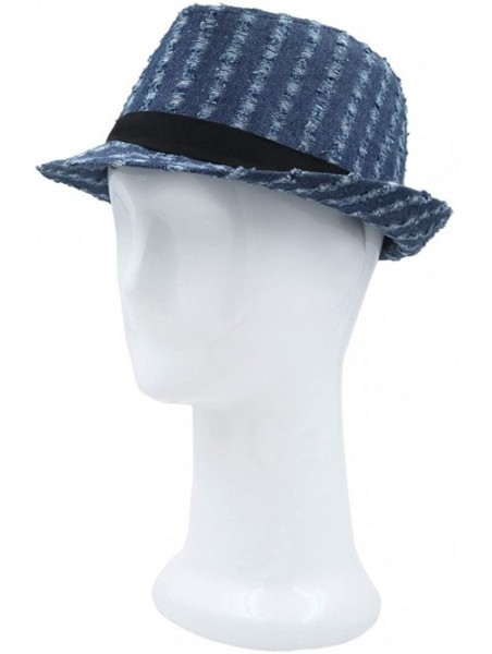 Fedoras Premium Distressed Jeans Fabric Black Band Fedora Hat- Blue - C318GQE9G6W $15.65