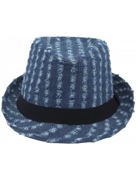 Fedoras Premium Distressed Jeans Fabric Black Band Fedora Hat- Blue - C318GQE9G6W $15.65