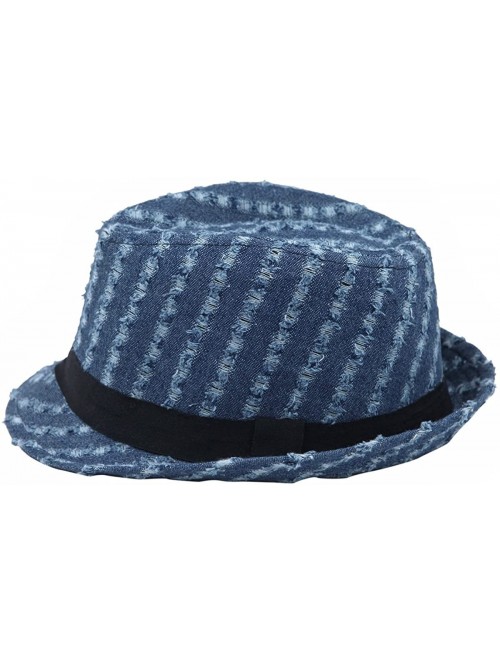 Fedoras Premium Distressed Jeans Fabric Black Band Fedora Hat- Blue - C318GQE9G6W $15.65