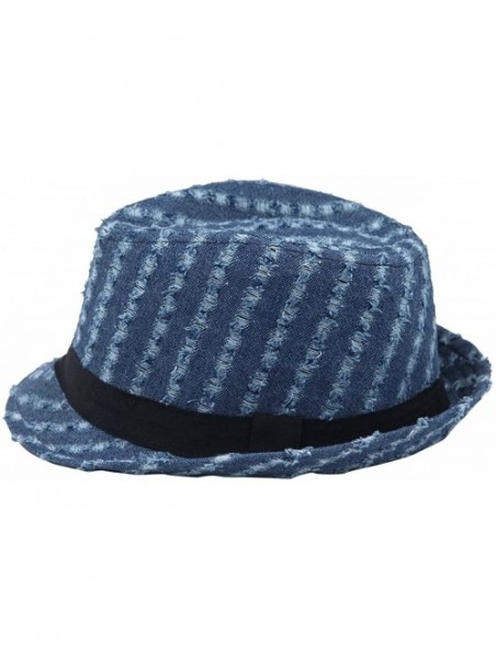 Fedoras Premium Distressed Jeans Fabric Black Band Fedora Hat- Blue - C318GQE9G6W $15.65